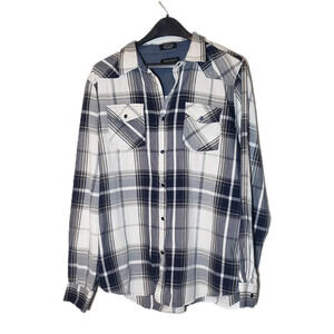 EIGHTY EIGHT MENS XL blue white plaid cotton button pearl snap pocket SHIRT